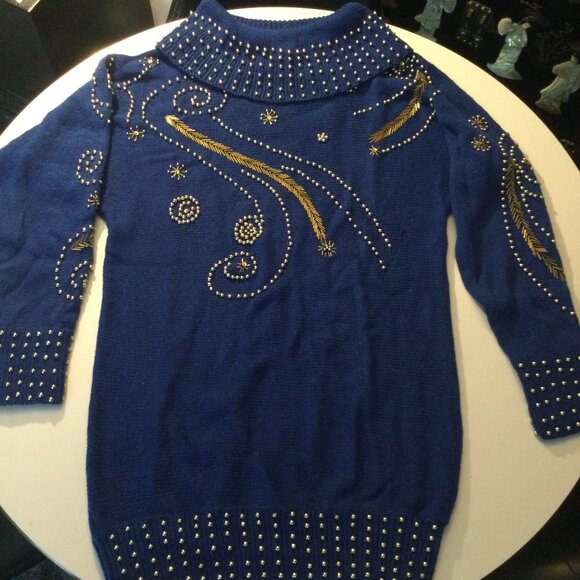 Victoria Harbour Blue n Gold Ladies Bedazzled sweater Vintage size: L - Picture 1 of 9
